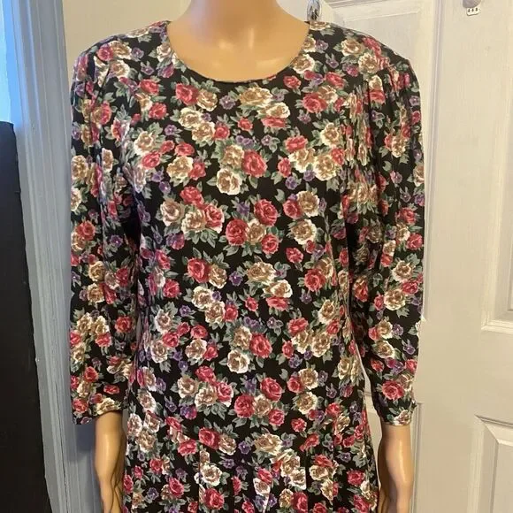 Vintage 80s Paquette Too! Red Black floral drop waist midi dress 14 Cottagecore - Picture 7 of 10